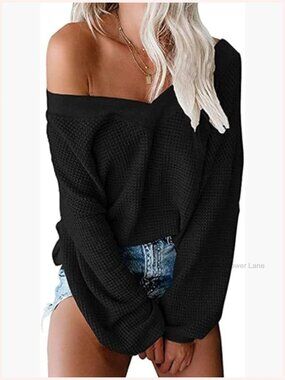 Women's V Neck Long Sleeve Waffle Knit Pullover Off Shoulder Oversized Sweater